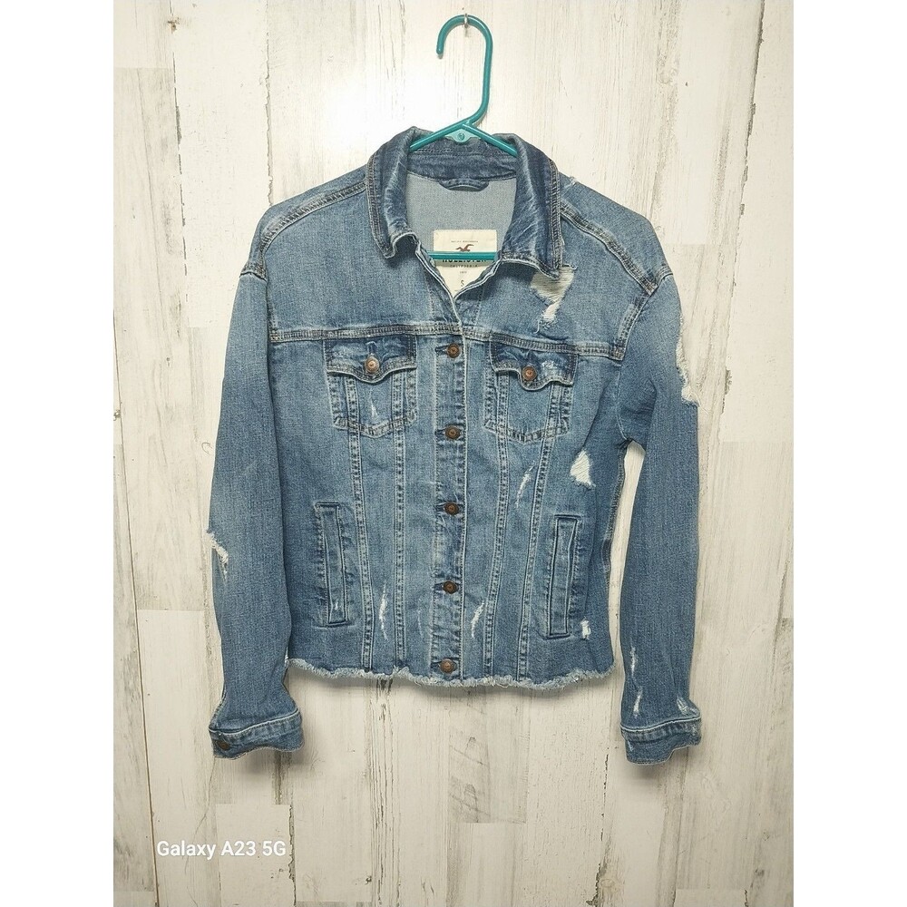 Hollister California Distressed Womens Jean Jacket Small Raw Hem